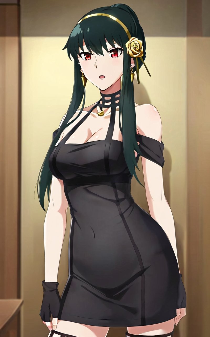 1girl, <lora:sdxl-sf-yor_briar:0.9>, yor briar, ibarahime, (slanted eyes), angry  updo (folded ponytail hair pulled back), (Folded tied hair), (bare_shoulders off shoulder black slit dress, black fingerless_gloves, gold hairband with hair flower, gold rose ornament, black thighhighs, high heel boots, collarbone, cleavage) , black hair sideburns, (slanted eyes) red eyes, medium breasts, shiny hair, bangs, gold earrings, long locks, hair between eyes, skindentation wavy mouth , extremely quality extremely detailed, illustration, cute anime face