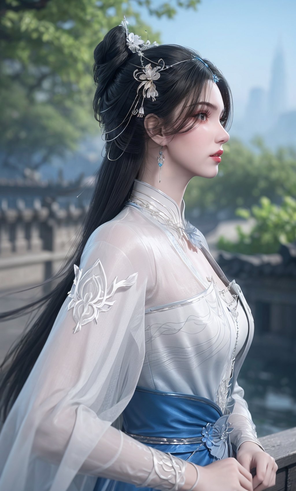 (Solid background:1.2),masterpiece,(best quality),official art,extremely detailed cg 8k wallpaper,(extremely delicate and beautiful),,solo,realistic,photo_\(medium\),profile,facial tattoo,(chinese clothes,, gown, jewelry , long hair,white gown,blue gown, long sleeves),adfxx,1girl,portxx,solo,earrings,flowerhair bun,hair flower,black hair,hair ornament,realistic,<lora:40muwan_v4.1:0.6>,adfxx,