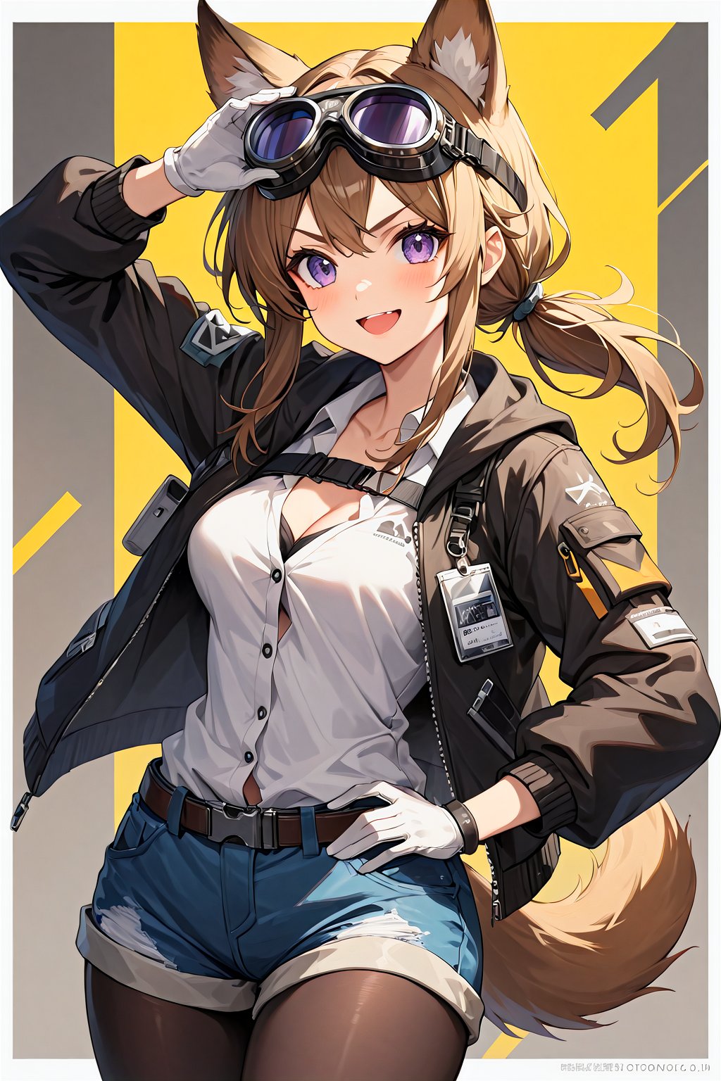(master piece:1.4), (best quality), The highest image quality, excellent detail, ultra-high resolution, best illustration, attention to detail, exquisite beautiful face, 1girl, :d, animal ear fluff, animal ears, arknights, arm up, black jacket, black pantyhose, blue shorts, border, breasts, brown hair, cardigan (arknights), cowboy shot, cropped jacket, dog ears, dog girl, dog tail, gloves, goggles, goggles on head, hand on eyewear, hand on hip, jacket, legwear under shorts, light brown hair, long hair, long sleeves, low ponytail, medium breasts, multicolored hair, open clothes, open jacket, open mouth, outside border, pantyhose, purple eyes, shirt, short shorts, shorts, sidelocks, simple background, smile, solo, sthk, streaked hair, tail, two-tone hair, v-shaped eyebrows, white border, white gloves, white shirt, yellow background