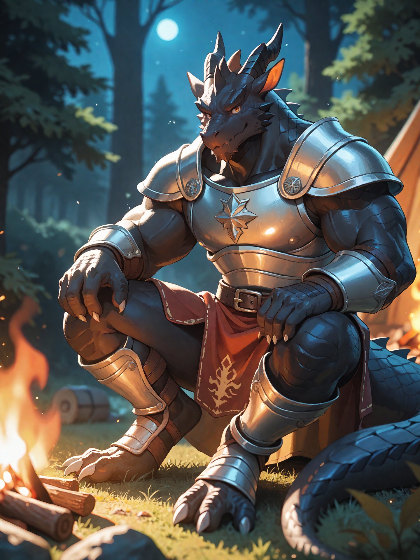 solo, kemono, (dragon), anthro, male, (black body), scales, tail, muscles, handsome, armor, medieval, fantasy, outdoors, outside, dark, night, forest, campfire, camp, stars, sitting, toe claws, epic, depth of field, perfect lighting, light particles  BREAK score_9_up,score_8_up,score_7_up,score_6_up,score_5_up,score_4_up