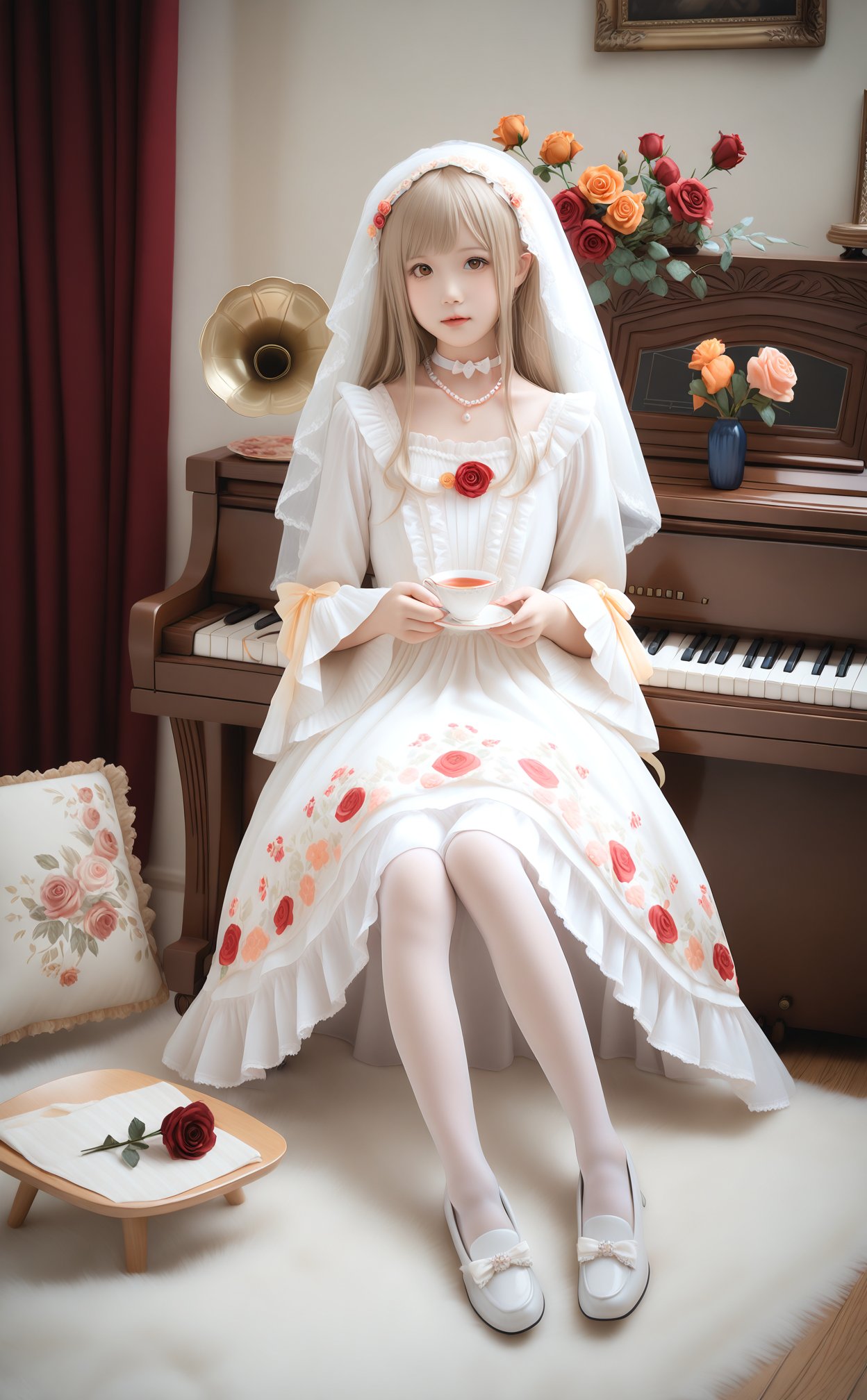 masterpiece,best quality,high quality,realistic,1girl,dress,instrument,phonograph,piano,flower,holding,carpet,cup,teacup,long hair,rose,sitting,white dress,solo,holding cup,veil,indoors,looking at viewer,white pantyhose,white footwear,cat,jewelry,saucer,rug,blonde hair,frills,white choker,choker,curtains,pearl necklace,white rose,keyboard \(instrument\),orange rose,brown eyes,long sleeves,lace,lace trim,holding saucer,grand piano,orange flower,red flower,pantyhose,wide sleeves,shoes,painting \(object\),bow,see-through,cushion,tea,lace-trimmed dress,red rose,white flower,plate,necklace,artist name,vase,floral print,chair,pillow,teapot,lolita fashion,pink rose,wedding dress,yokozuwari,red lips,light brown hair,animal,brown hair,white bow,