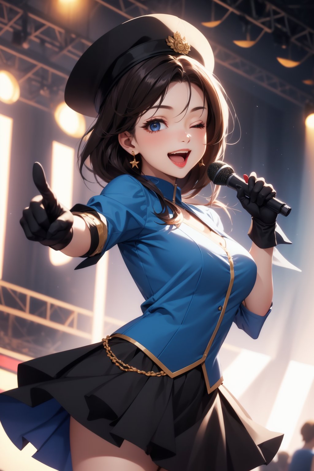 (best quality:1.4),(masterpiece:1.4),(8K:1.4),(extremely detailed:1.4),1girl, solo, idol, idol clothes, one eye closed, blue shirt, black skirt, black headwear, gloves, stage light, singing, open mouth, crowd, smile, pointing at viewer,