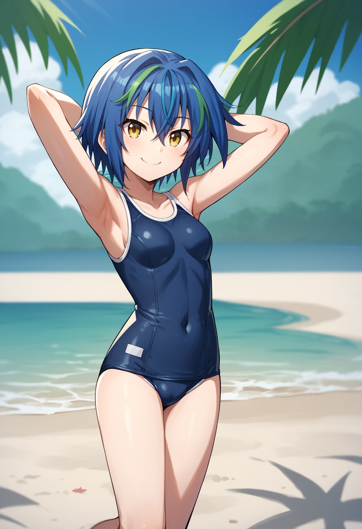 score_9, score_8_up, score_7_up, score_6_up, score_5_up, score_4_up, BREAK, source_anime,1girl, xenovia, blue hair, streaked hair, hair between eyes, short hair, yellow eyes,school swimsuit, hands behind head, one-piece swimsuit, smile, happy, solo, looking at viewer, sea, sand, blue sky, tropical island background <lora:XenoviaXL:1>