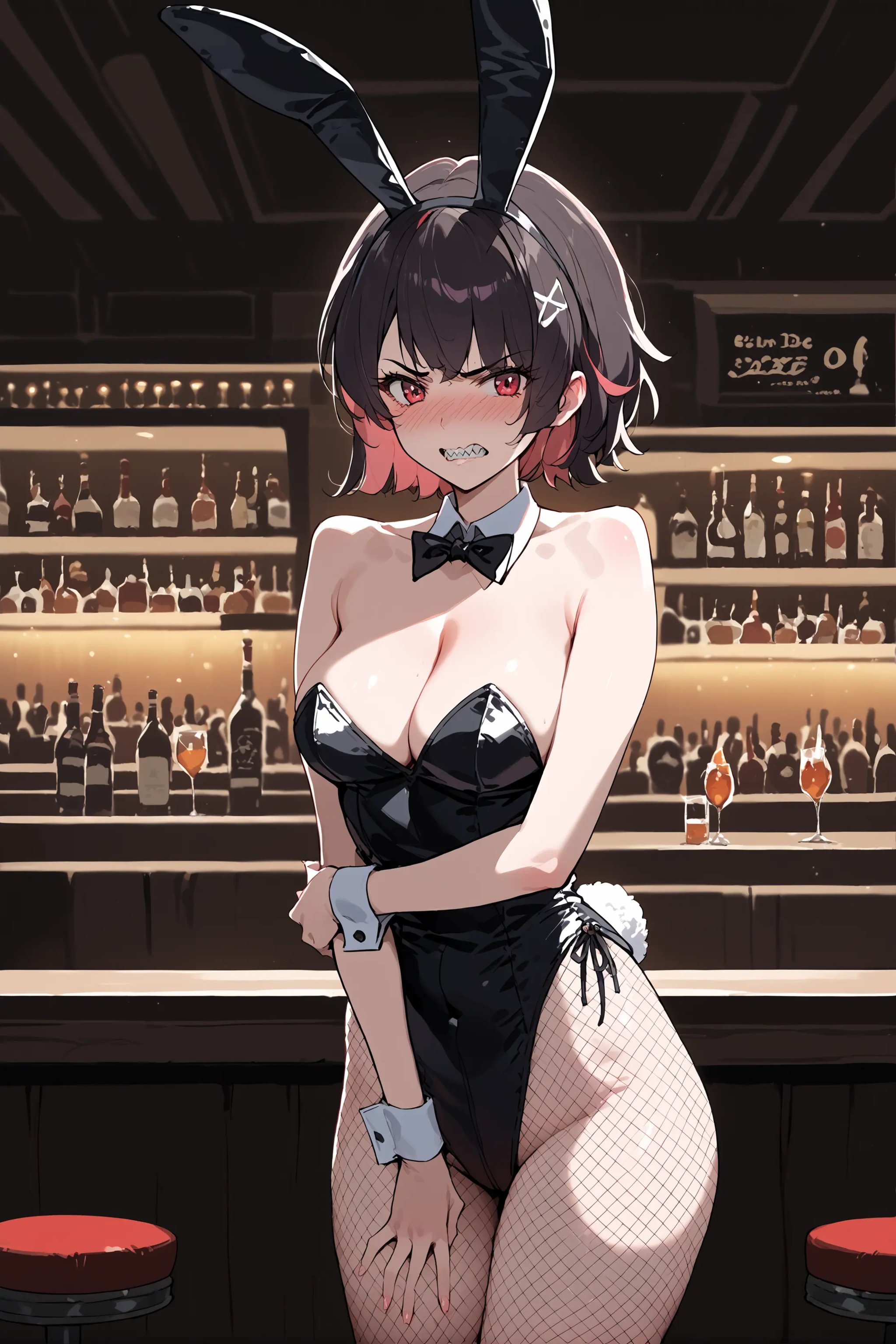 score_9, score_8_up, score_7_up, source_anime, 1girl, ellen joe, playboy bunny, fishnets, fake animal ears, rabbit ears, bar \(place\), indoors, depth of field, cowboy shot, taut dress, v arms, looking at viewer, embarrassed, blush, angry, clenched teeth, sharp teeth  <lora:Char-ZZZ-EllenJoe-pony-V1:0.8>