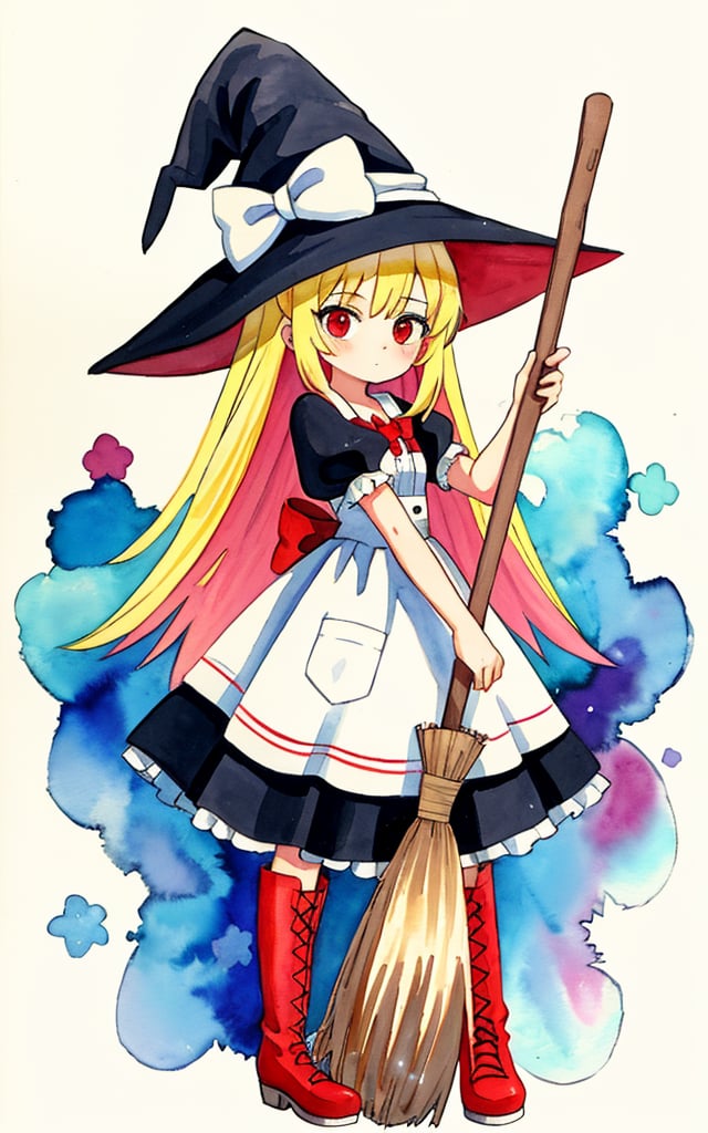 traditional media, marker_\(medium\),painting_\(medium\),watercolor_\(medium\), simple_background, 1girl,witch,solo, full body,long hair, blonde hair, witch hat,red eyes,holding broom,puffy sleeves,white_bow,dress,red_footwear,bow, short sleeves,boots,best quality,amazing quality,very aesthetic,absurdres,