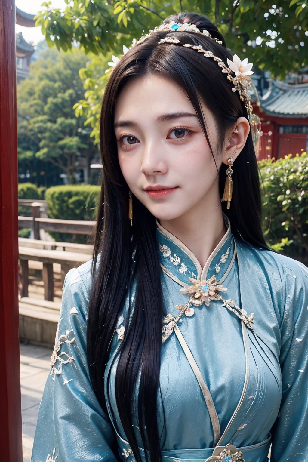 CAFC,1girl,solo,long hair,blue clothes,earrings,jewelry,hair accessories,upper body,suburban scenery,east asian,chinese style architecture,