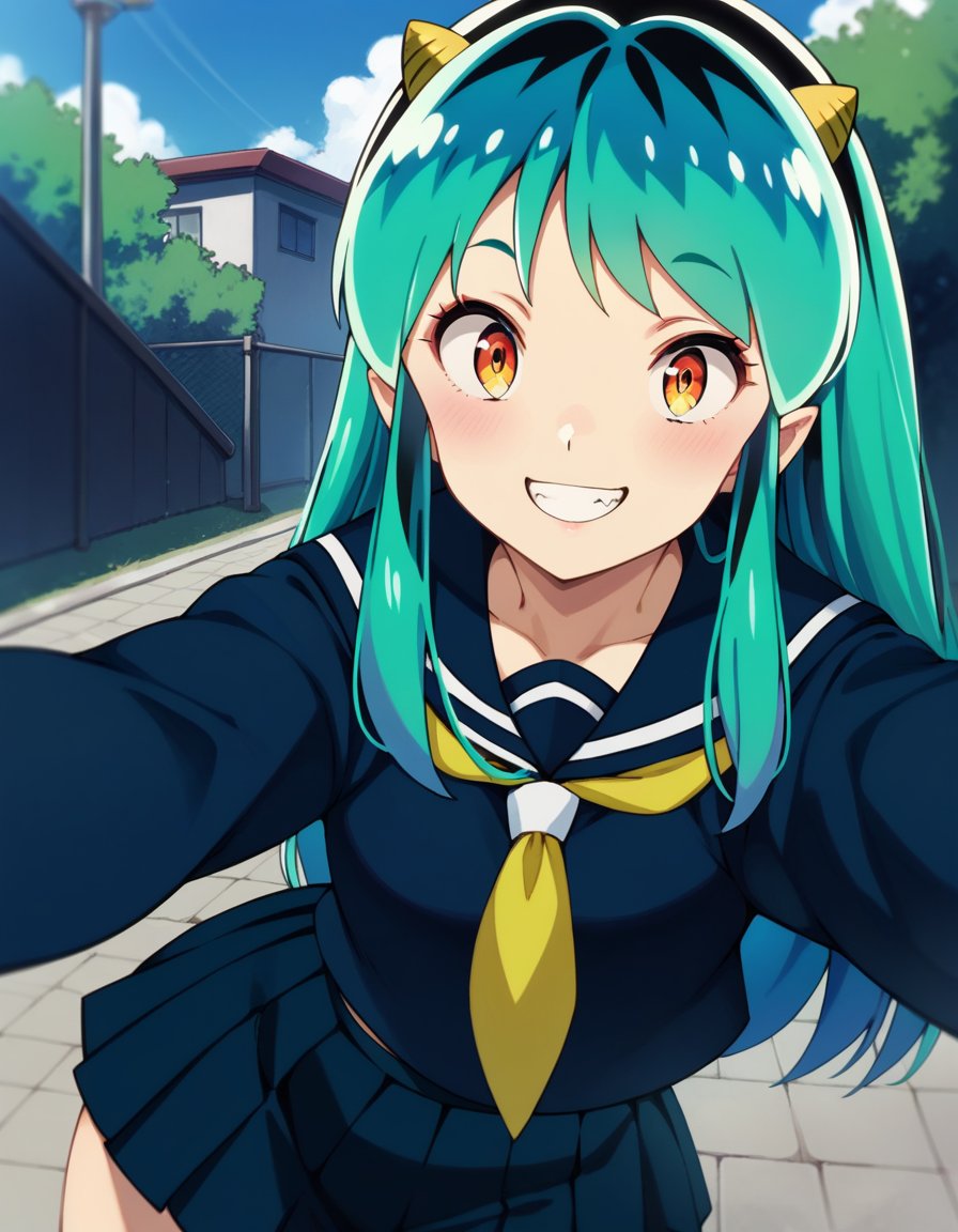 score_9, score_8_up, score_7_up, 1girl,  <lora:lum:1>, lumxl, long hair, green hair, aqua hair, multicolored hair, oni, cone horns, serafuku, school uniform, blue shirt, long sleeves, blue skirt, pleated skirt, yellow neckerchief, sailor collar, pov, selfie, smile, light blush, outdoors