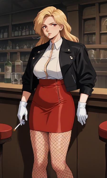 score_9, score_8_up, score_7_up, score_6_up, score_5_up, score_4_up, source_anime, BREAK, 1girl, mature female, long hair, blonde hair, red eyes, fishnet pantyhose, red skirt, leather jacket,  white gloves, bar, tavern, smoking, looking to the side,  <lora:PonyOldSchoolV2-08:1> 