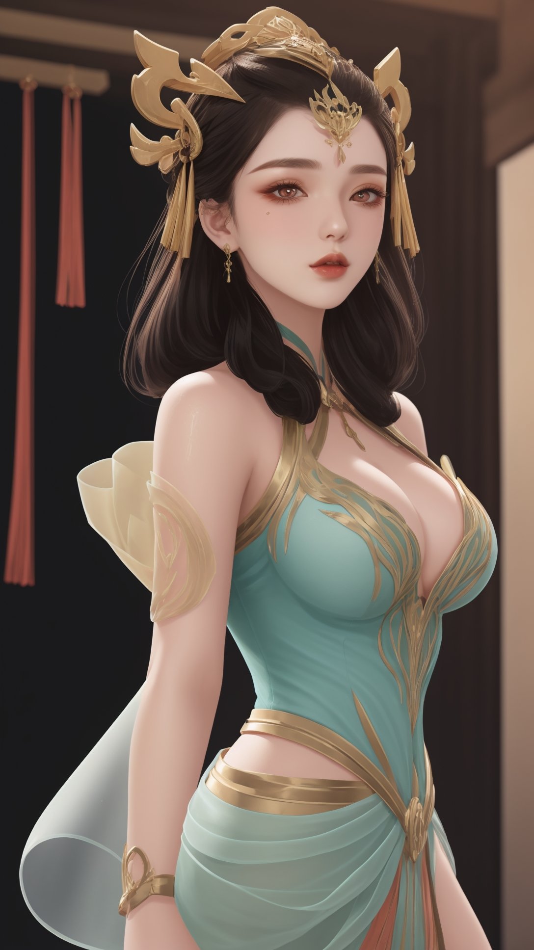 (1girl),smooth chin,masterpiece,detailed face,((hair ornament:1.2)),top quality,4k,make up,best quality,large breasts,(looking at viewer),red ribbon,dress,arms behind back,(wariza),shawl,detached sleeves,chinese building,forehead mark,golden hair ornament,<lora:王者 杨玉环 原皮_v1.1:0.7>,