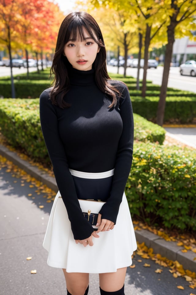 1girl,solo,photo background,outdoors,skirt,tree,standing,full body,long hair,autumn,day,looking at viewer,sweater,bangs,long sleeves,boots,sleeves past wrists,turtleneck,brown hair,realistic,lips,parted lips,shirt,black hair,socks,brown eyes,head tilt,autumn leaves,best quality,masterpiece,illustration,an extremely delicate and beautiful,CG,unity,8k wallpaper,Amazing,finely detail,masterpiece,official art,extremely detailed CG unity 8k wallpaper,incredibly absurdres,huge filesize,ultra-detailed,highres,extremely detailed,beautiful detailed girl,realistic,,<lora:Okamoto Hinana_20240503105030:0.8>