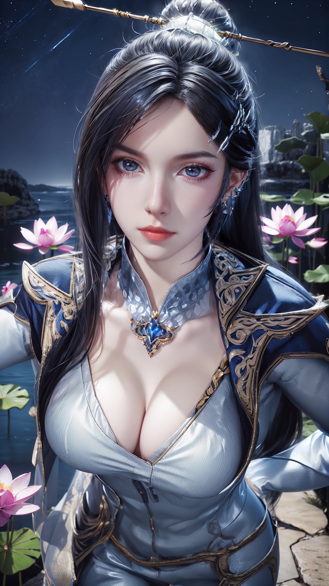 masterpiece,best quality,official art,extremely detailed CG unity 8k wallpaper,realistic,light rays,light particles,1girl,solo,hand_on_hip,fur_trim,thighhighs,midriff,breasts,navel,standing,boots,jewelry,cleavage,medium chest,blue theme,scenery,reflection,outdoors,(lotus leaf:1.1),(lotus:1.1),lake water,blue sky,white cloud,waterfall,long_hair,earrings,hair_ornament,dynamic pose,looking at viewer,