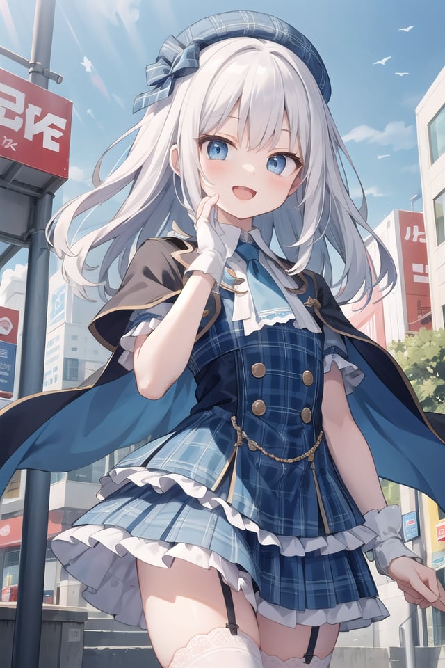 (cleavage:-1.5), insanely detailed, absurdres, ultra-highres, ultra-detailed, best quality,1girl, solo, nice hands, perfect hands,BREAK(gothic drress, Idol costume:1.3), (blue and white theme:1.2), (white blouse:1.4), (white collar, tie:1.3), (open short-cape:1.3), (short sleeve:1.2), (blue tartan-check pattern (ruffle-skirt, multilayer-skirt):1.4), (white basque-beret with ribbon:1.3), (Fishnet stockings:1.3), (glove:1.2), (cleavage:-1.5)BREAKhappy smile, laugh, open mouth,standing,own hands together,cowboy shot,BREAKslender, kawaii, perfect symmetrical face, ultra cute girl, ultra cute face, ultra detailed eyes, ultra detailed hair, ultra cute, ultra beautiful,BREAKcityscape in tokyo, ultra detailed background, blue sky, bay side, panorama view,medium breasts, white hair, blue eyes