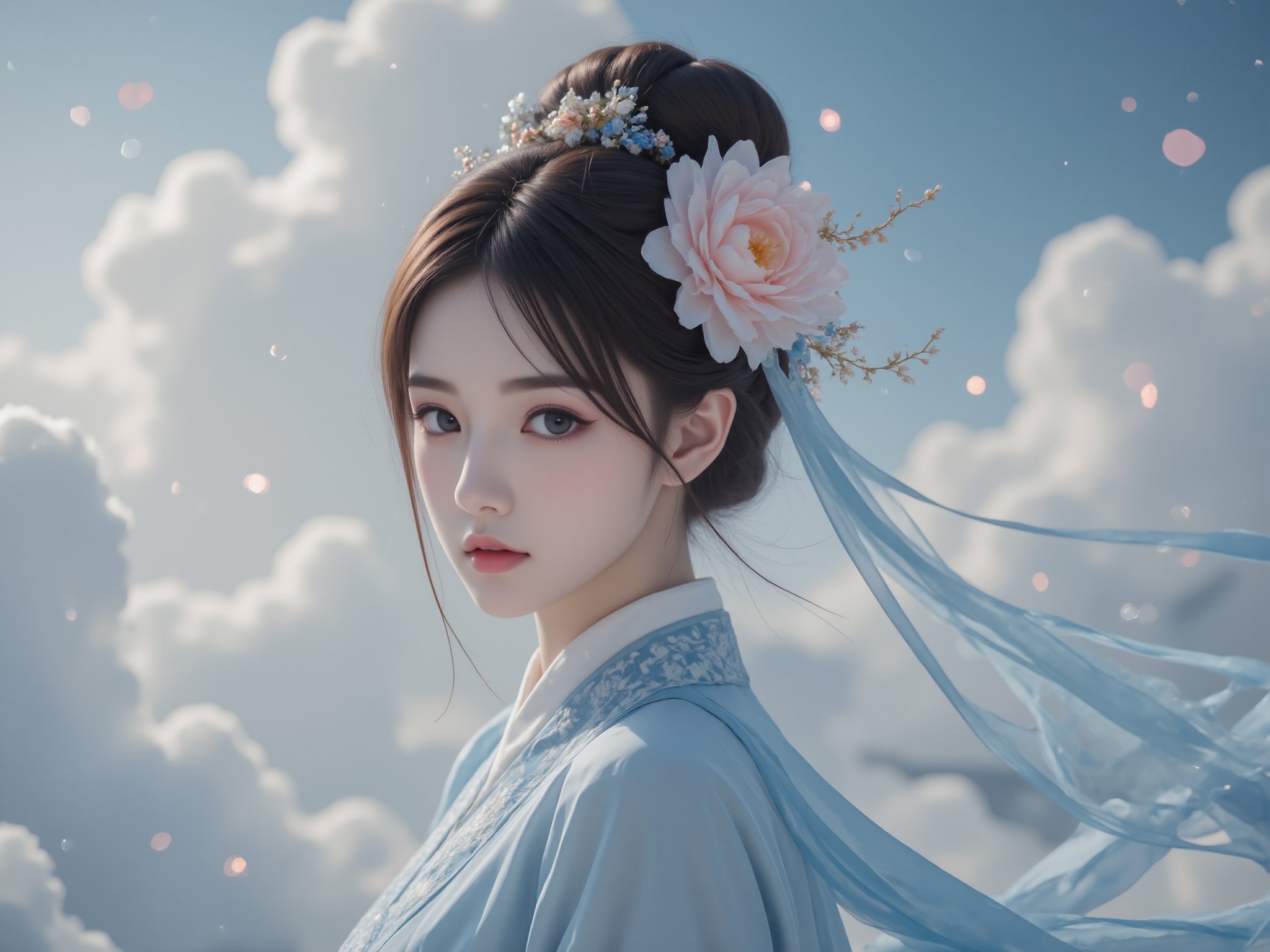 (masterpiece:1,2),best quality,highres,original,extremely detailed wallpaper,perfect lighting,(extremely detailed CG:1.2),a girl,hanfu,cloud,chinese bun,hair_ornament,<lora:极品超模V8_2.0:0.8>