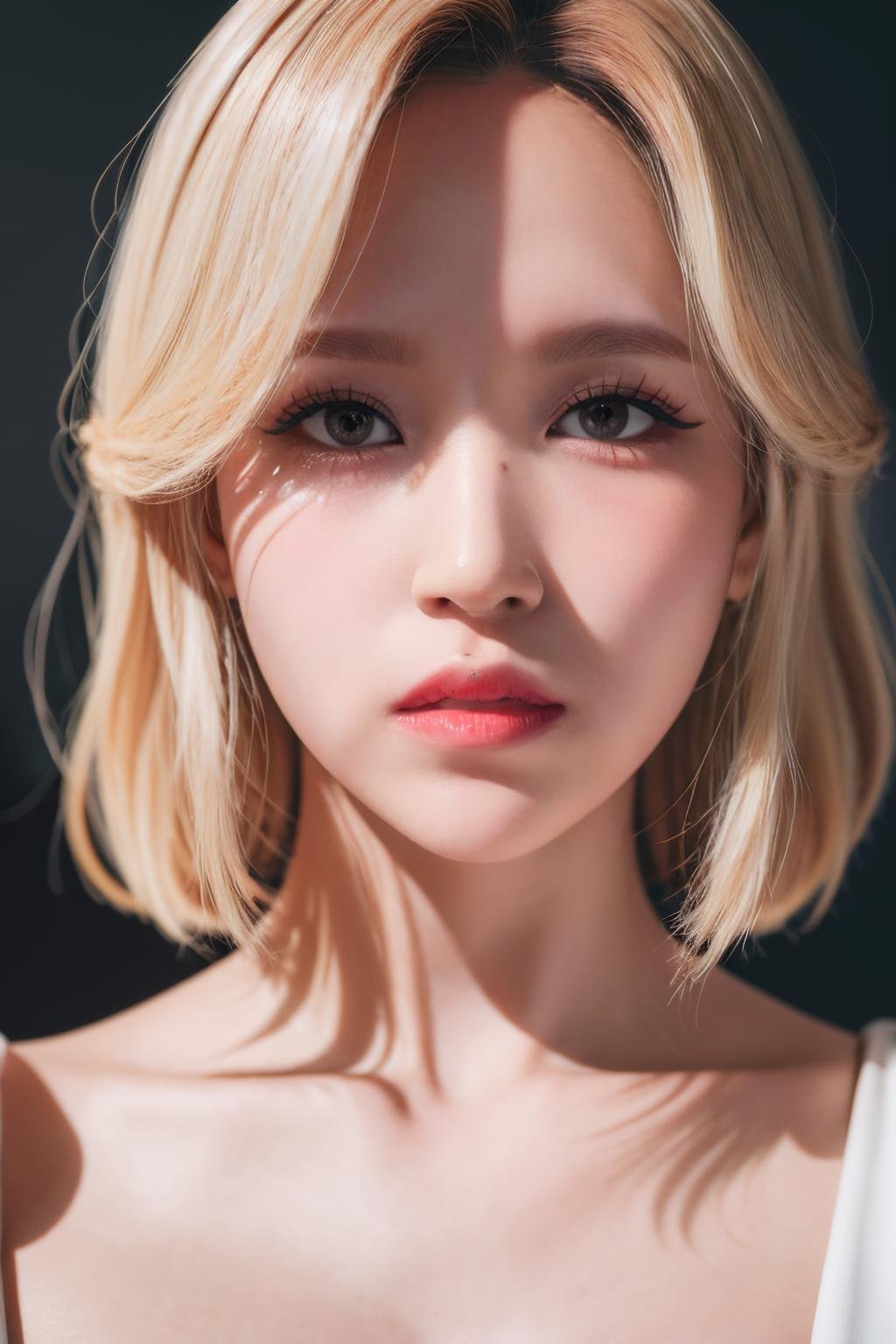 <lora:Twice Mina:1>, Mina, 1girl, solo, realistic, looking at viewer, photograph, photorealistic, beautiful and aesthetic, extremely detailed skin, extremely detailed hair, shadows, masterpiece, top quality, best quality, highres, ultra-high res, ultra-detailed, detailed lighting, high key lighting, vignetting,