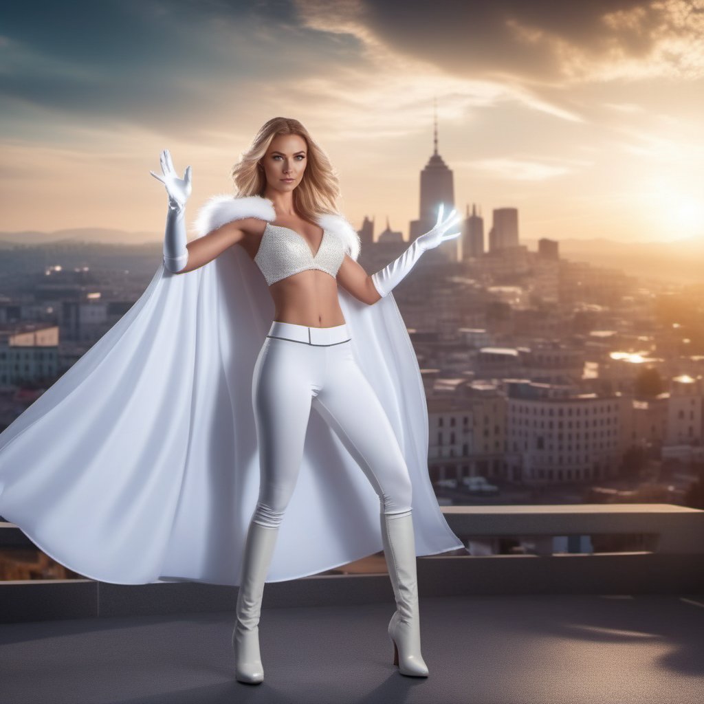 cinematic photo a full body woman in white top and white tight-pants and white gloves and a white cape, casting a powerfull spell, energy glowing, city background <lora:EmmaFrost1024:0.8> . 35mm photograph, film, bokeh, professional, 4k, highly detailed