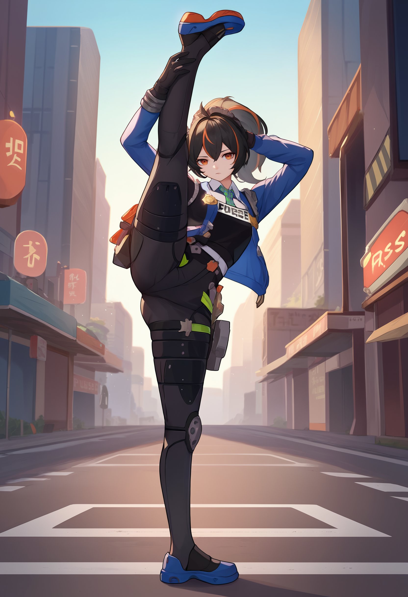 score_9, score_8_up, score_7_up, source_anime, solo, 1girl, zhuyuan, expressionless, looking at viewer, standing split, ponytail, orange eyes, police uniform, blue jacket, long sleeves, black vest, white shirt, collared shirt, green necktie, black gloves, black pants, outdoors, city street <lora:zzz_zhuyuan_ponyXL:1>