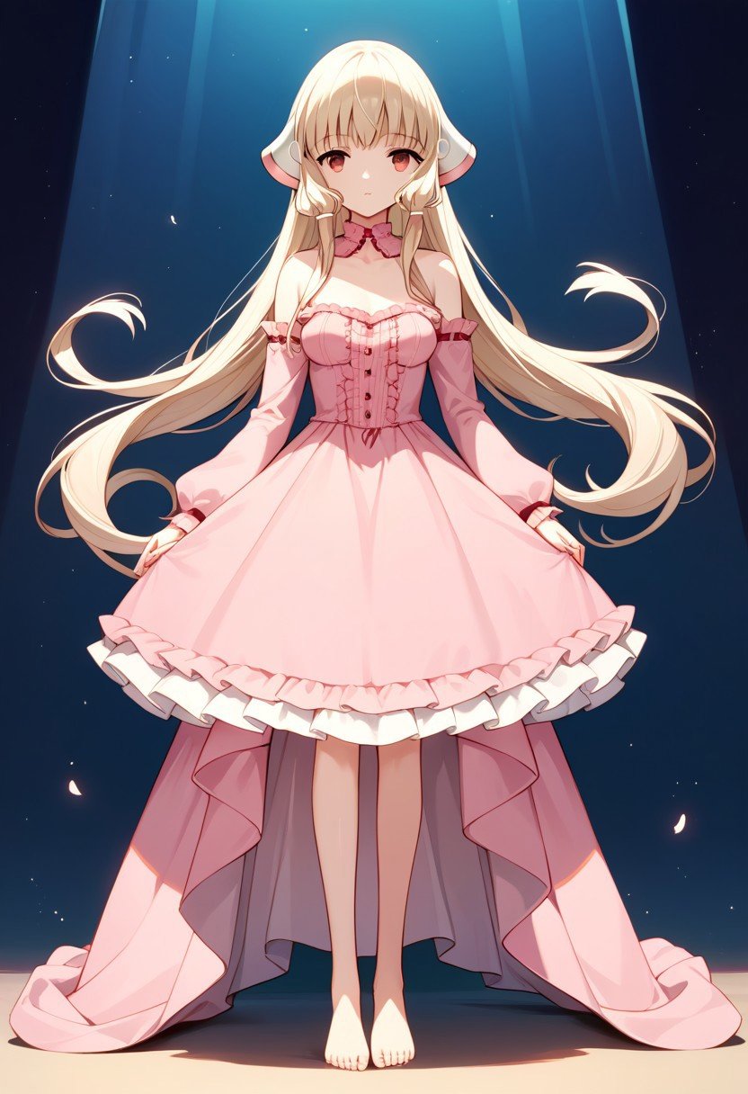 score_9,score_8_up,score_7_up,source_anime, Chii (Chobits),1girl,solo,long sleeves,dress,bare shoulders,standing,full body,frills,detached sleeves,barefoot,pink dress,