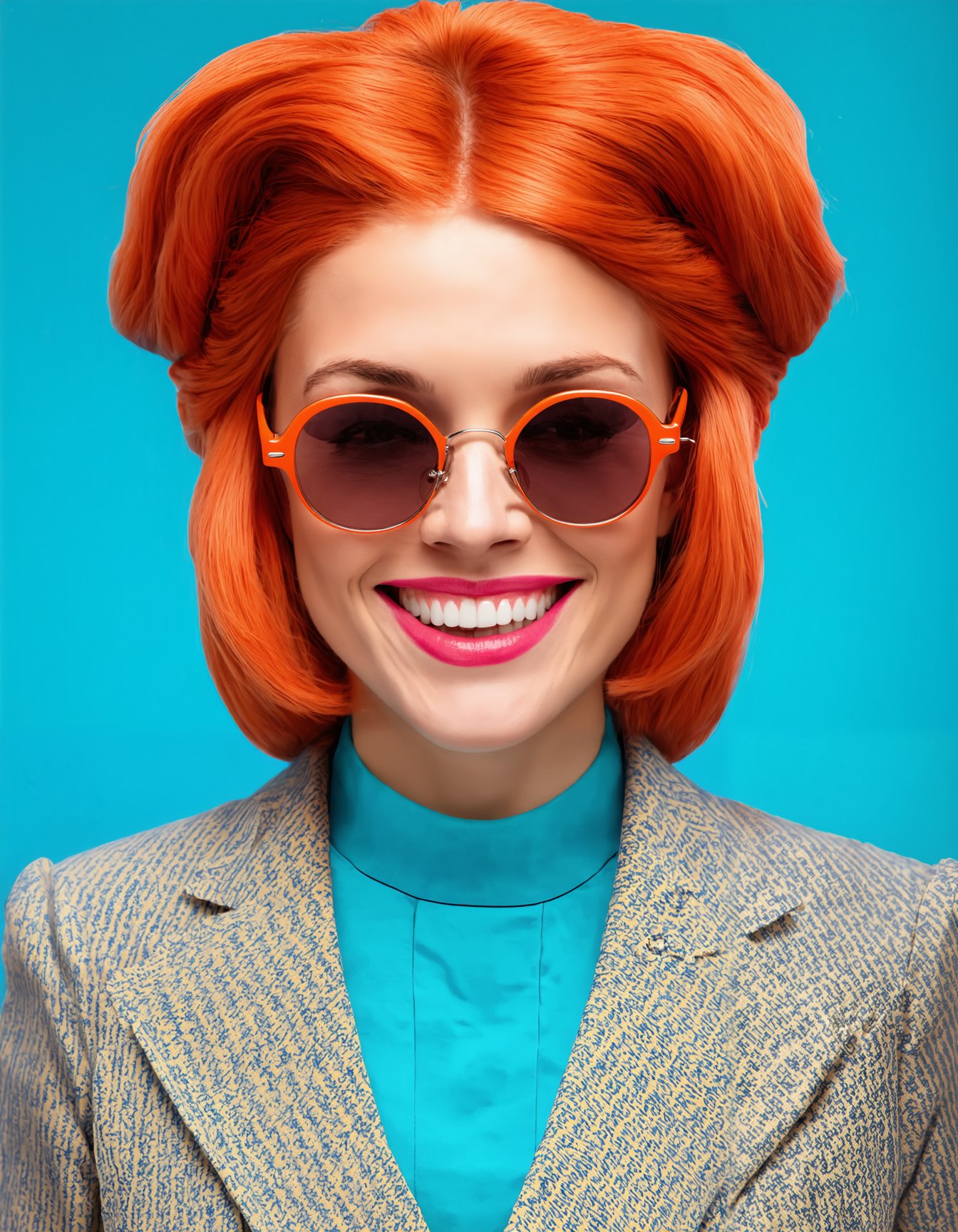 (best quality,8K,highres,masterpiece), ultra-detailed, a midcentury modern woman with red retro hair, wearing Palm Springs retro attire and sunglasses. happy smile, The portrait is infused with Wes Anderson's signature style, featuring symmetrical composition, pastel color palette, and meticulous attention to detail. pop surreal element to the scene. The overall composition evokes a sense of nostalgia and whimsy, capturing the essence of retro charm in a visually stunning portrait.