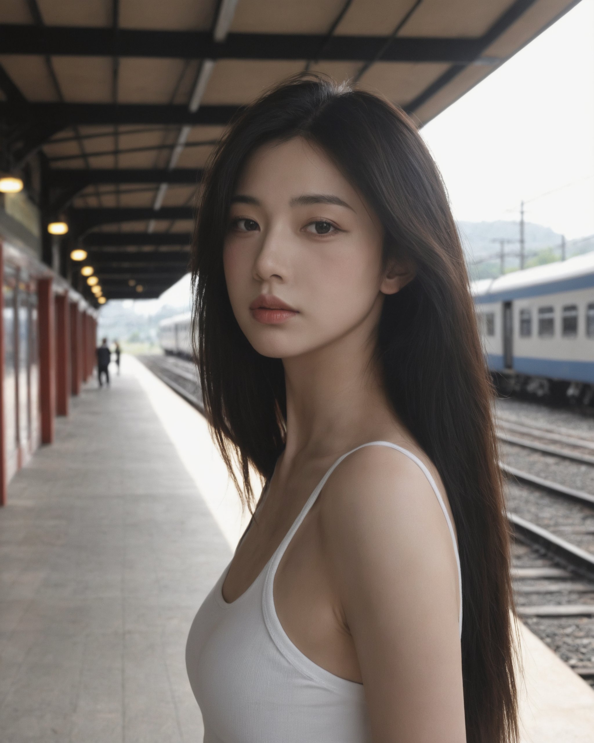 train station, scenery, solo, standing, train interior, train, sunlight, railroad tracks, window,1girl, solo, long hair, black hair, looking at viewer, realistic, blurry, upper body, lips, blurry background, black eyes, outdoors, closed mouth,tank top, navel, bare shoulders,photoshop \(medium\), realistic,best quality, high quality,  <lora:xiaohongshumerge:1>