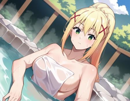 score_9, score_8_up, score_7_up, source_anime,lalatinadustinessford, <lora:lalatina-dustiness-ford-s2-ponyxl-lora-nochekaiser:1>,darkness \(konosuba\), long hair, green eyes, blonde hair, hair ornament, ponytail, braid, x hair ornament,nude, naked,outdoors, onsen, towel, naked towel, steam, bathing, nude cover, partially submerged, water, bath, steam censor, wet towel,looking at viewer, dutch angle, cowboy shot,