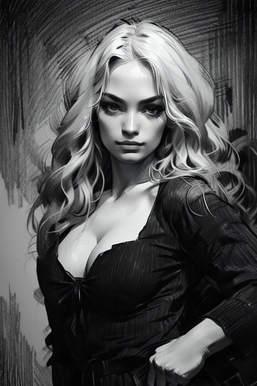 pencil portret of super cute blond woman in a dark theme, realistic,best quality,(masterpiece:1.2) EasyNegativeV2