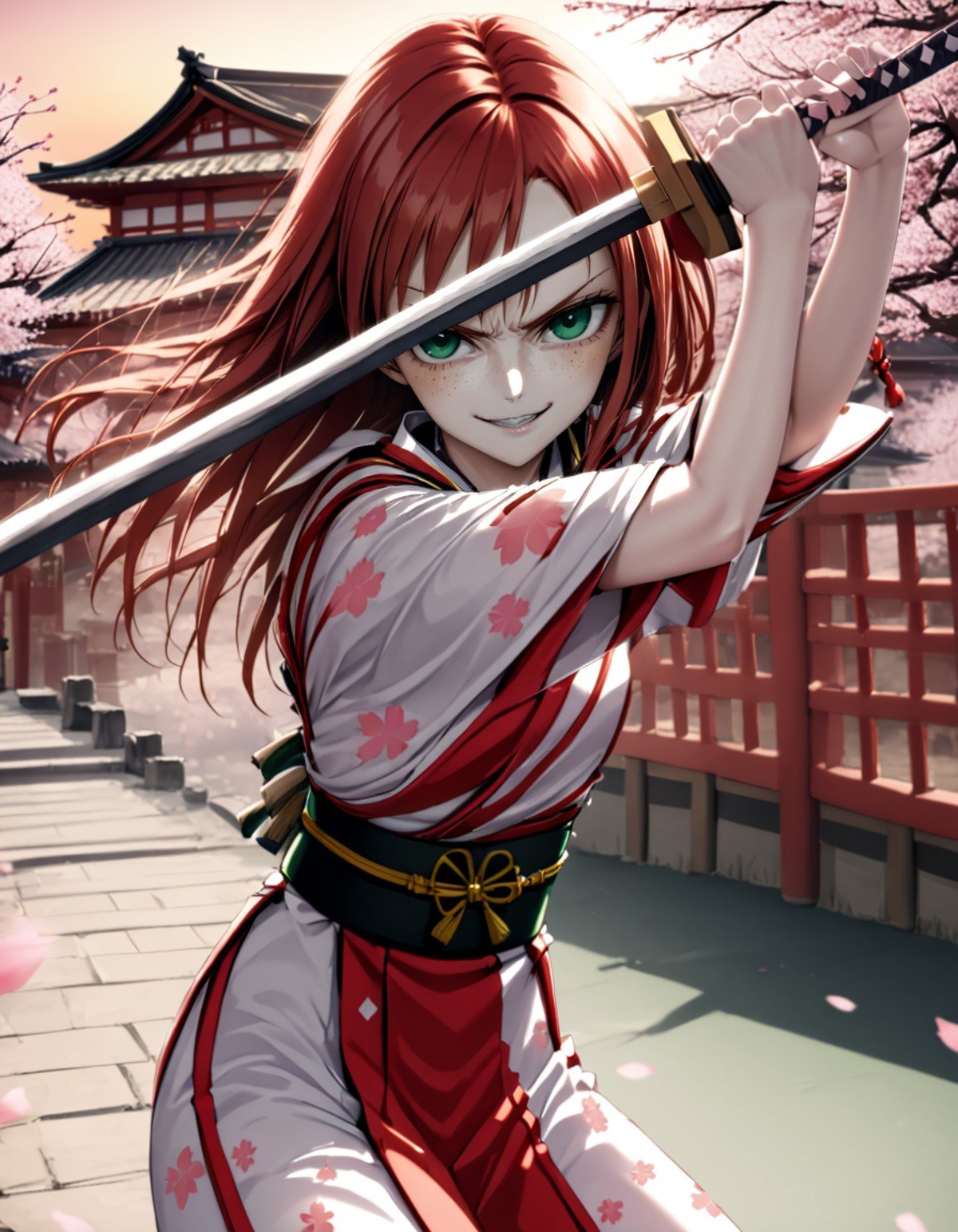 a realistic 20 year old anime kmw top model redhead woman, freckles,((high guard sword parry stance)),evil smile,traditional japanese white battle kimono, black belt,serious, focused,agressive,small breasts, flat chest,japanese architecture background, sakura blossoms, sakura trees,scenery,sunset,facing viewer,green eyes, <lora:kmw_v53:1> <lora:high-guard-sword-parry-stance:1>