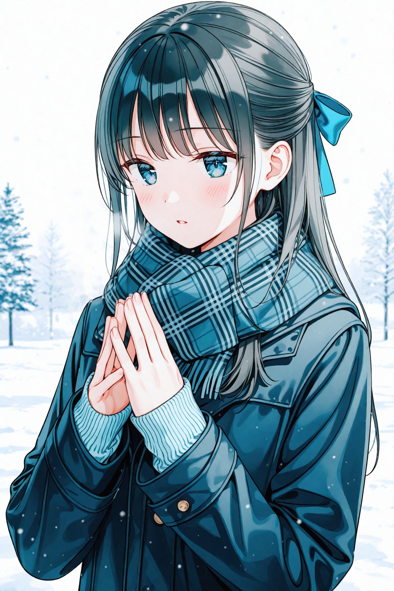 masterpiece,best quality,illustration,ultra detailed,hdr,Depth of field,(colorful),[iumu],[Artist chen bin],Artist hiten (hitenkei),solo,1girl,scarf,long hair,plaid scarf,blue eyes,blush,long sleeves,parted lips,upper body,sleeves past wrists,steepled fingers,hair bow,own hands together,bow,white background,plaid,hands up,blue scarf,jacket,snowing,breath,fingernails,simple background,coat,half updo,snow,