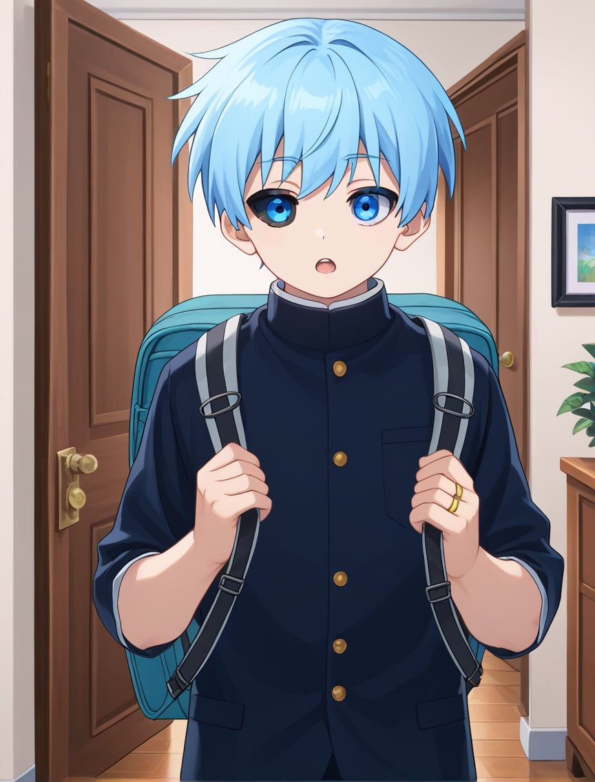 zPDXL2,rating_safe,<lora:Nanao_V2:1>,nanao\(normal\),1boy,solo,male focus,blue eyes,school uniform,bag,gakuran,looking at viewer,open mouth,black sclera,mismatched sclera,colored sclera,upper body,jewelry,ring,door,indoors,backpack,