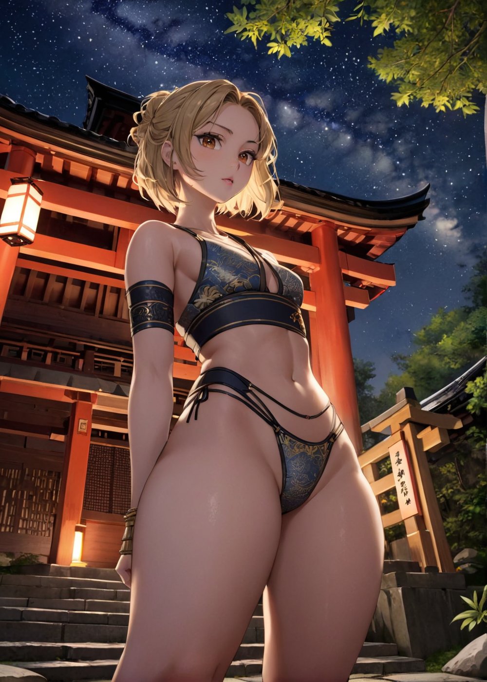 samurai hiding in the shadows, at a japanese shrine at night, beautiful night sky, woods in the background, outdoors, full body, detailed, action pose, dynamic angle, 1girl, Bob, small boobs, flat chest, Voluptuous body, brown eyes, Ash blonde hair, high definition photo, ultra detailed skin, ultra detailed face, small skin imperfections