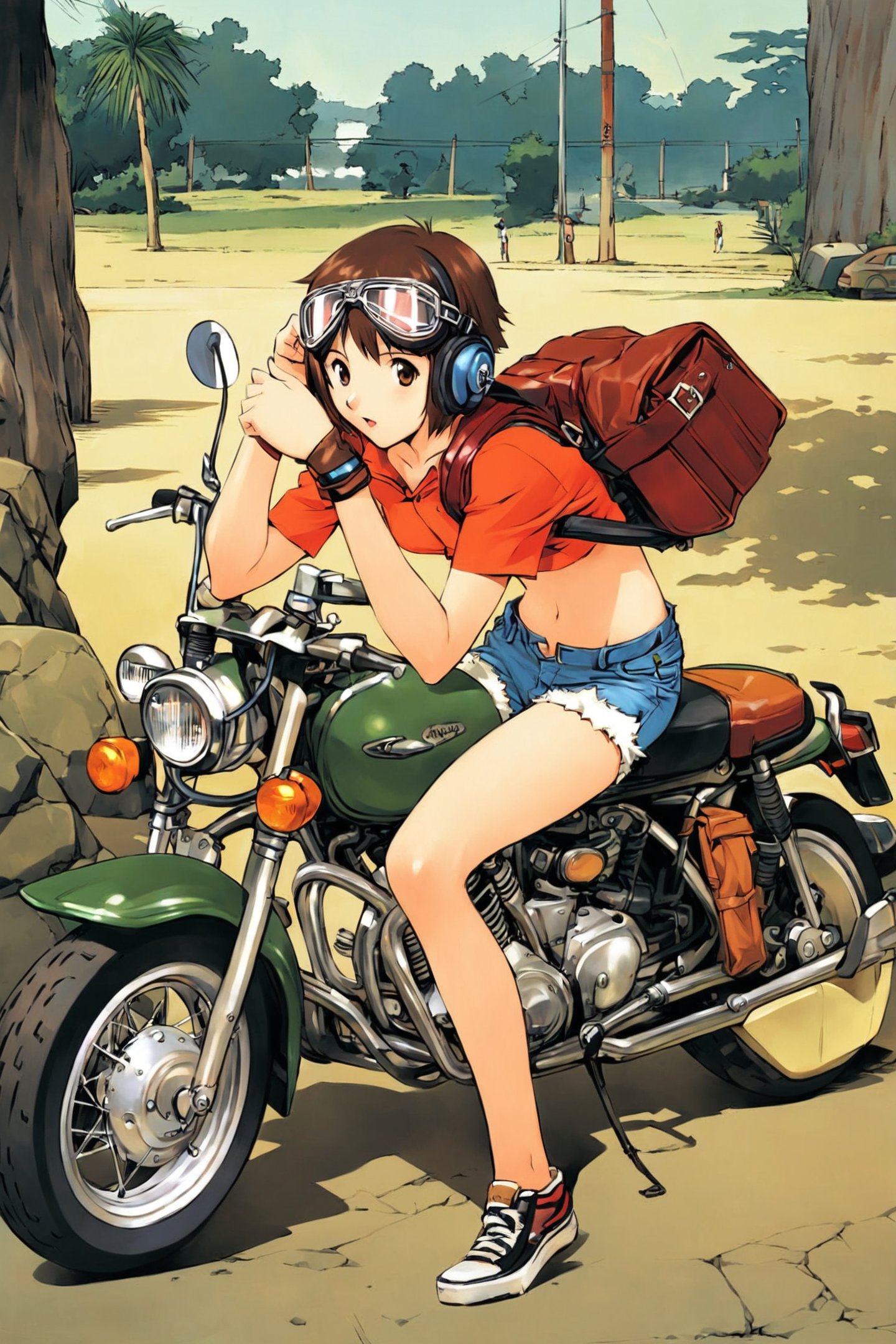 1girl,solo,shorts,ground vehicle,bag,motor vehicle,short hair,motorcycle,backpack,denim shorts,denim,headphones,midriff,brown hair,goggles,brown eyes,short shorts,<lora:Sadamoto Yoshiyuki_XL_kohaku:0.8>,