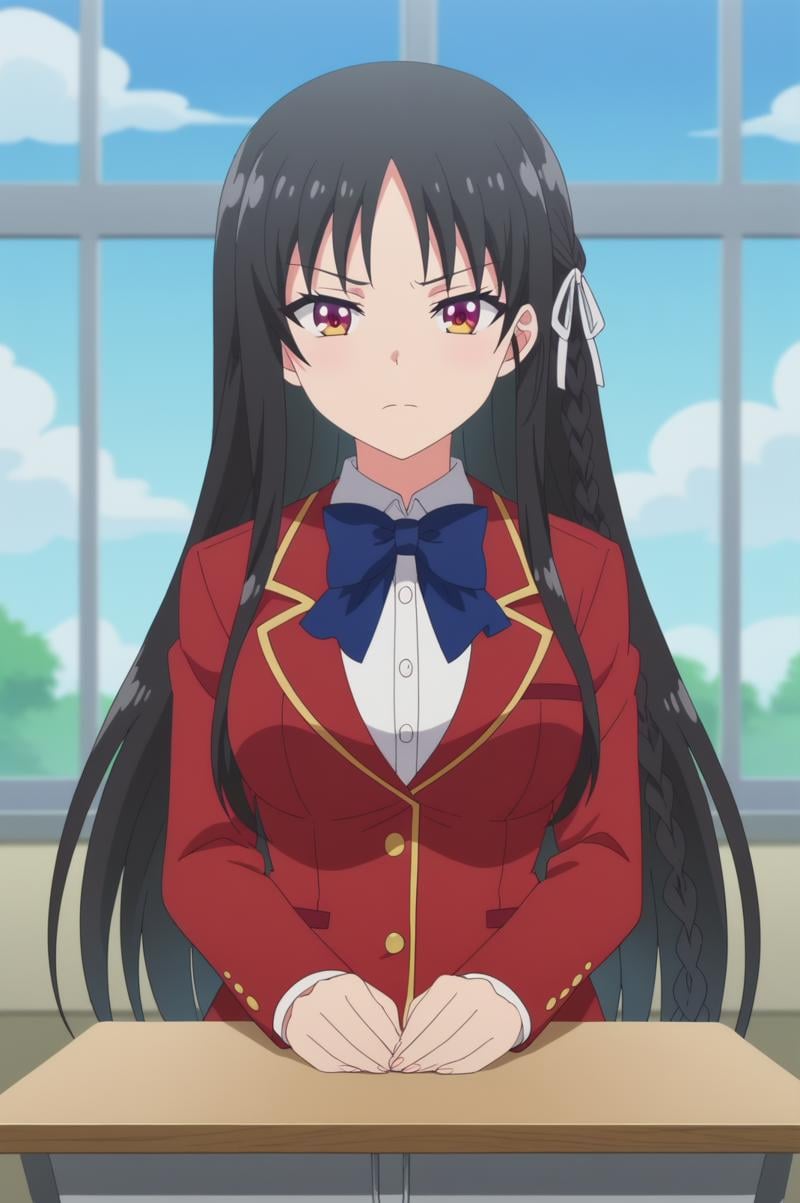 suzune horikita,anime screencap,1girl,solo,mature,looking at viewer,braid,long hair,school uniform,hair ribbon,bow,jacket,shirt,bowtie,closed mouth,emotionless,classroom,plant,sky,indoors <lora:Suzune Horikita - PDXL2 .safetensors:0.8>