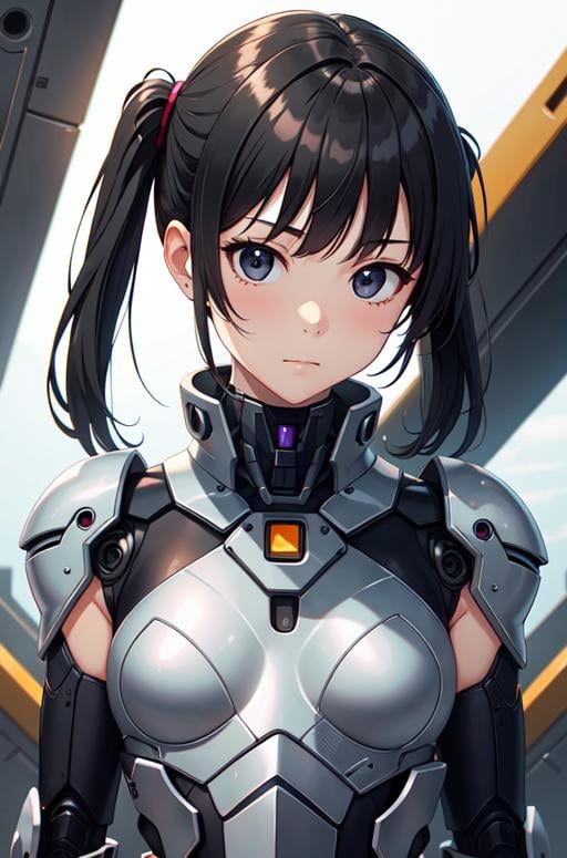 masterpiece,best quality,upper body,1girl,mecha,色彩,airbrush \(medium\),move chart,crossed bangs,small breasts,black eyes,:>=,first-person view