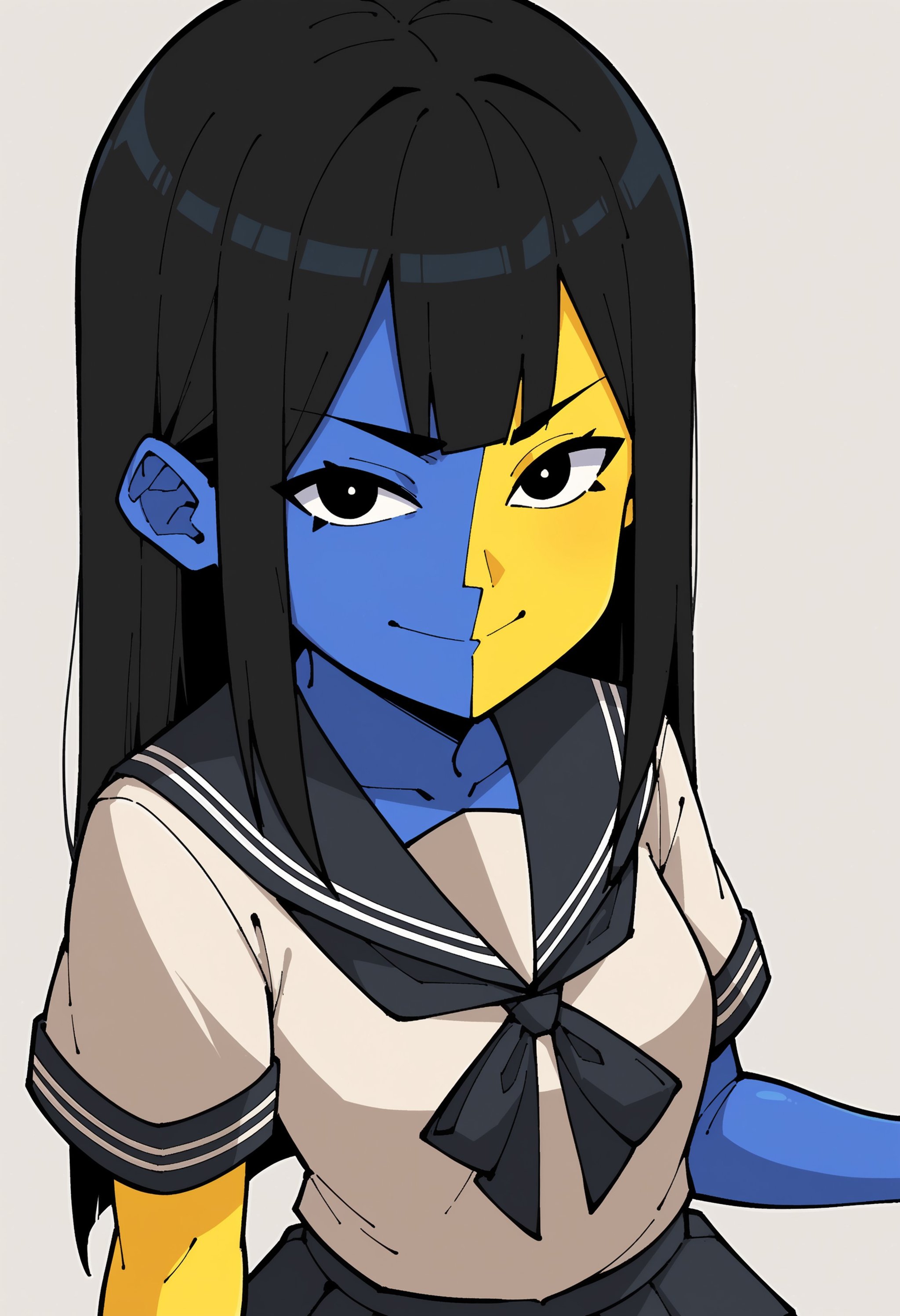 score_9, score_8_up, score_8, source_anime, 1girl, <lora:Ena:0.85> (solo), colored skin, black hair, yellow skin, blue skin, black eyes, seifuku, sailor outfit, looking at viewer, simple background,