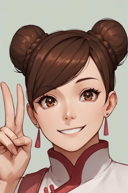 score_9, score_8_up, score_7_up, BREAK ,1girl, close up face,  v, looking at viewer, smile, short hair, brown hair, brown eyes,  swept bangs, braid, hair bun, double bun, chinese clothes, TentenPTS, earrings <lora:Ten_Ten_BorutoWedding_ark:0.8>