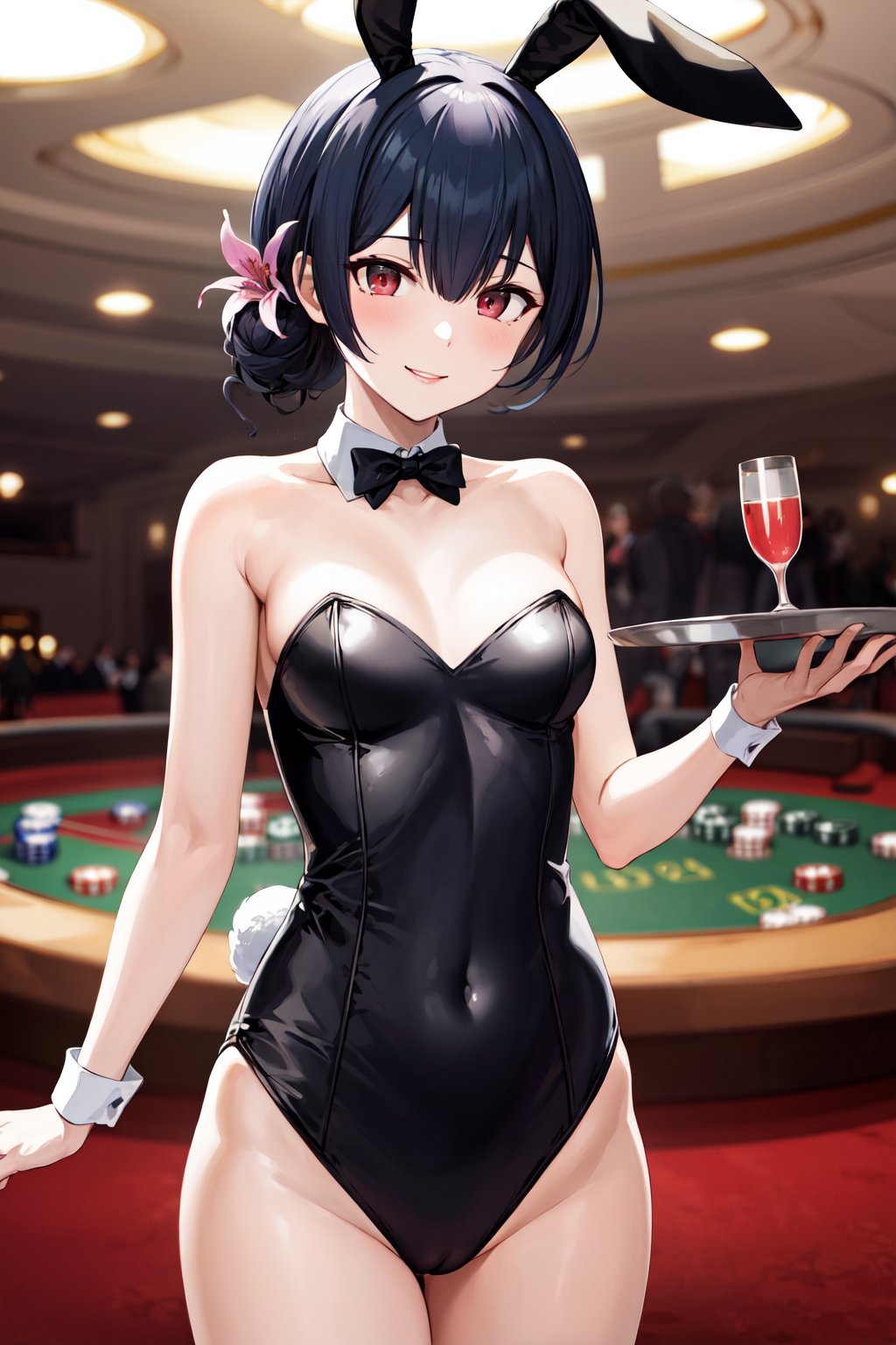 masterpiece, best quality, highres, aarinze, short hair, single hair bun, hair flower, <lora:morino_rinze_v1:0.7>, small breasts, playboy bunny, rabbit ears, smile, casino, holding tray, cowboy shot, 