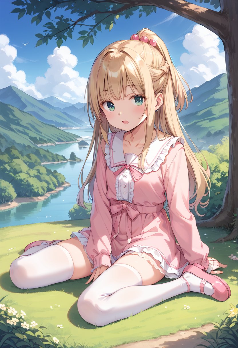 score_9, score_8_up, score_7_up, BREAK1girl, solo, long hair, half updo, green eyes, sitting, hair ornament, white legwear, blonde hair, hair bobbles, open mouth, tree, brown hair, ponytail, zettai ryouiki, day, eyelashes, outdoors, pink skirt, looking at viewer, arm support, grass, full body, casual, cloud, white shirt, pink footwear, blue eyes, on ground, pink dress, yokozuwari, pink bow, mary janes, legs, blue sky, collarbone, long sleeves, :o, shadow, frills, white thighhighs, mountain