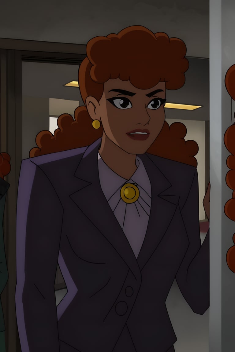 barbara gordon, batman_cc_style, curly red hair, 1girl, dark skin, dark-skinned female, jewelry, earrings, formal, suit, brown hair<lora:EMS-410711-EMS:1.000000>