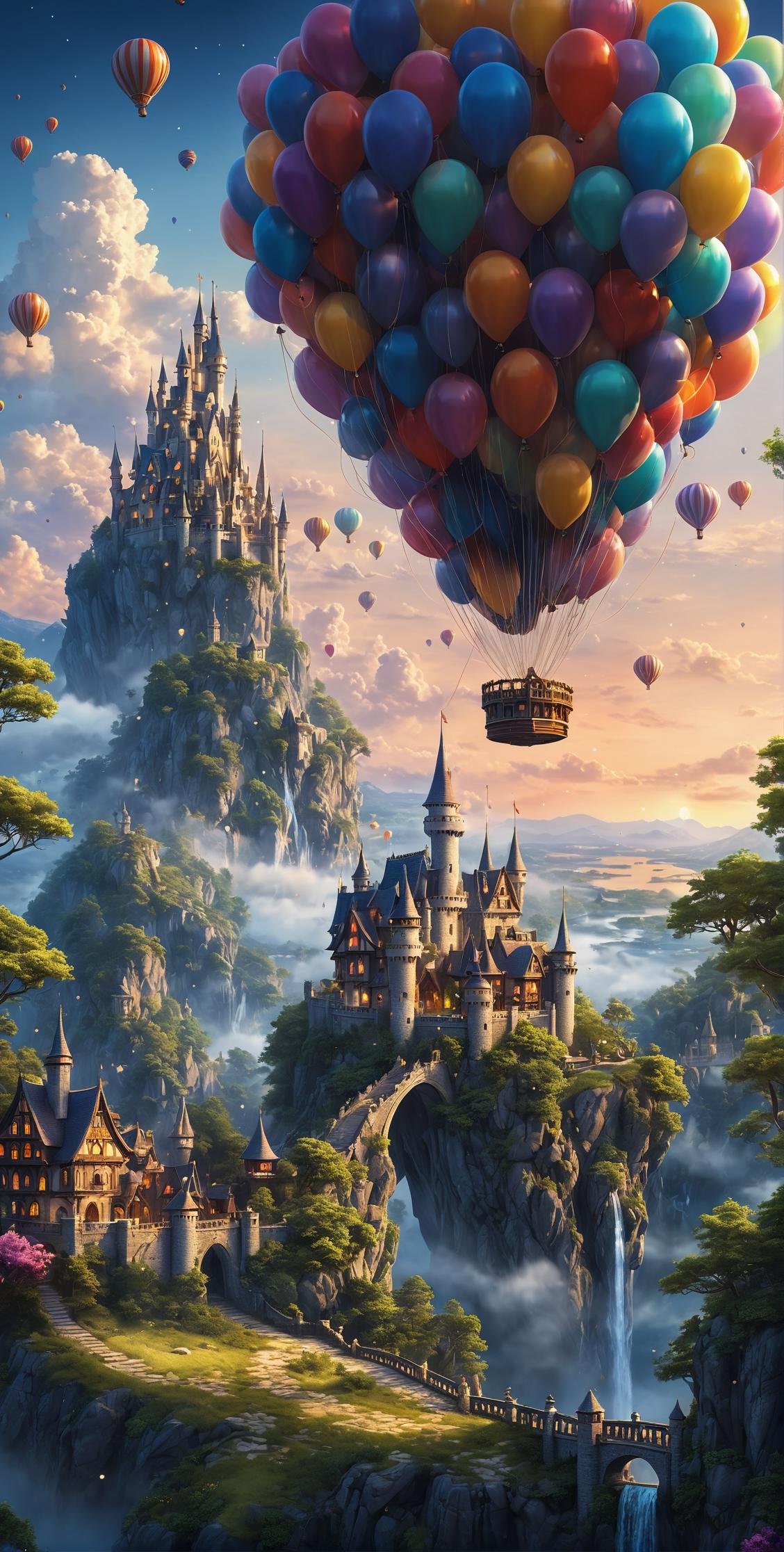 (high quality:1.4), (best quality:1.4), (masterpiece:1.4), epic fantasy castle, official art, official wallpaper, surreal,   floating islands:1.1, detailed landscape:1.1, magic in the air:1.1, stardust:1.1, night sky, whimsical atmosphere:1.1, dreamlike world:1.1, baloons  moonlight:1.1, enchanted forest, wisdom:1.1, powerful energy:1.1, guardian angels:1.1, peaceful:1.1, vibrant colors, (detailed:1.05), (extremely detailed:1.06), sharp focus, (intricate:1.03), cinematic lighting, (extremely intricate:1.04), (epic scenery:1.09), vibrant colors, (beautiful scenery:1.08), (detailed scenery:1.08), (intricate scenery:1.07), (wonderful scenery:1.05),, (sharp focus,absurdres,high quality,masterpiece,highres,best quality:1.5)