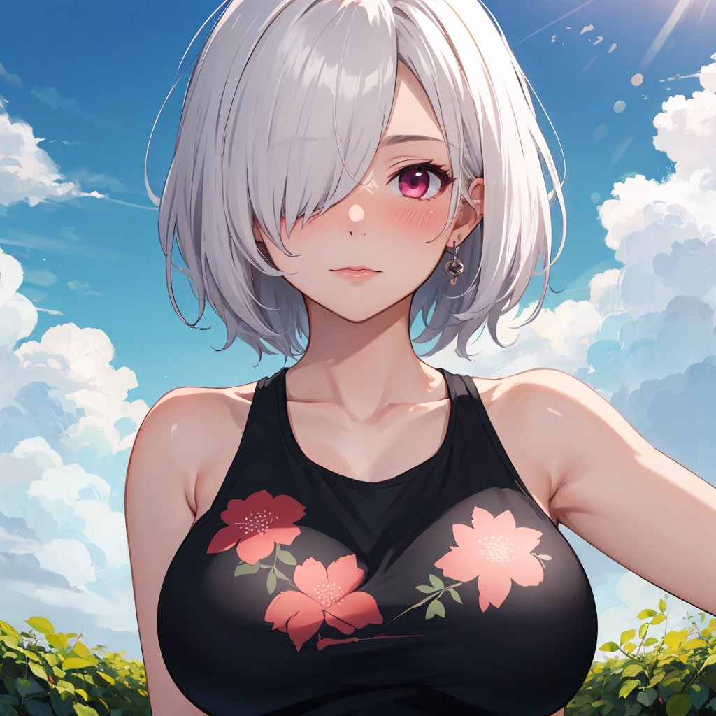 1girl, mature female, mature face, reddish pink eyes, white hair, short hair, (hair over one eye:1.3), nose blush, large breast, upper body, black tank top, floral print, day, sunlight, clouds, vine tattoo