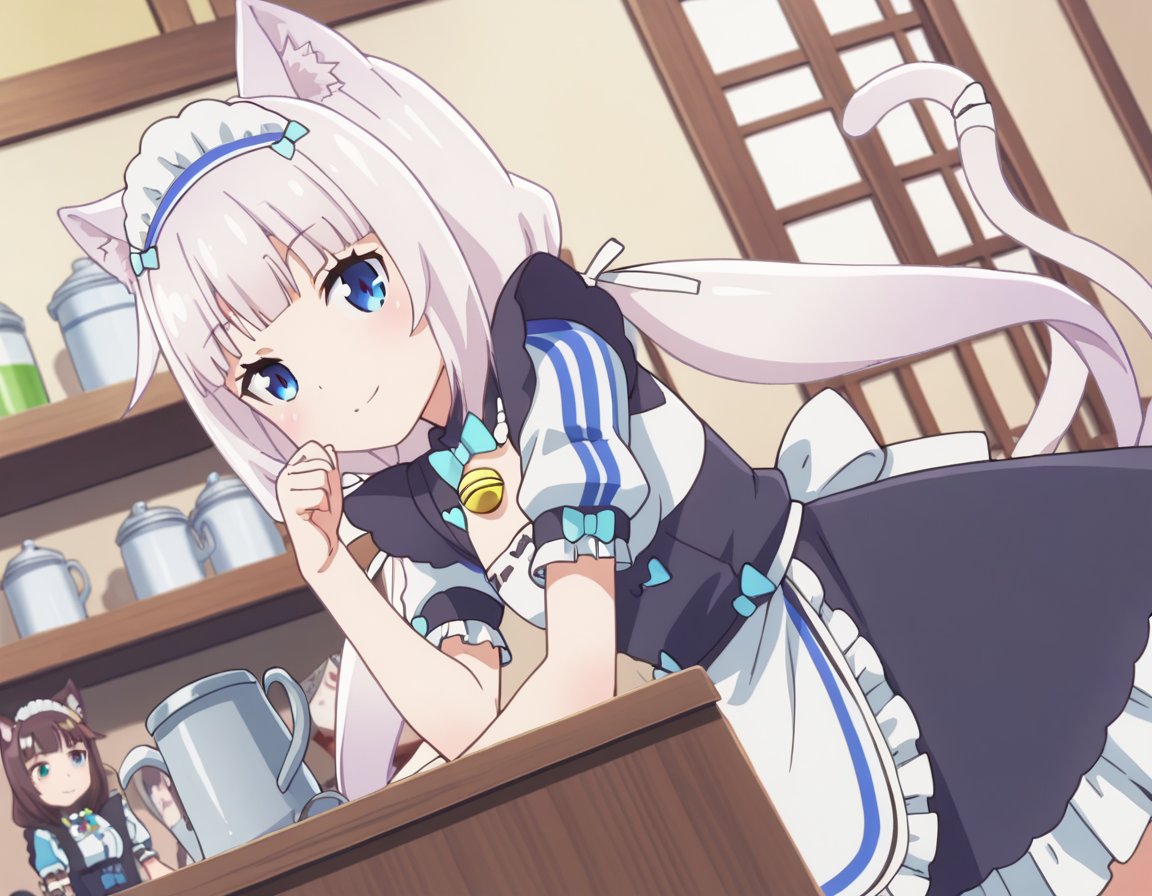 score_9, score_8_up, score_7_up, source_anime,nekoparavanilla, <lora:nekopara-vanilla-s1-ponyxl-lora-nochekaiser:1>,vanilla, long hair, bangs, blue eyes, animal ears, twintails, very long hair, white hair, cat ears, blunt bangs, animal ear fluff, low twintails, cat girl,dress, bow, tail, short sleeves, frills, bowtie, apron, cat tail, maid, maid headdress, bell, cat girl, waist apron, jingle bell, neck bell, waitress,indoors, cafe, bent over, smile,looking at viewer, solo, cowboy shot, dutch angle,