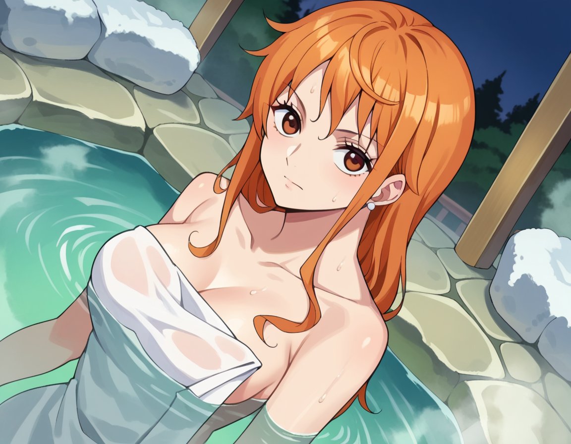 score_9, score_8_up, score_7_up, source_anime,onepiecenami, <lora:one-piece-nami-s15-ponyxl-lora-nochekaiser:1>nami, long hair, orange hair, brown eyes,nude, naked, outdoors, onsen, towel, naked towel, steam, bathing, nude cover, partially submerged, water, bath, steam censor, wet towel,looking at viewer, dutch angle, cowboy shot