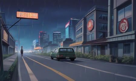 score_9, score_8_up, score_7_up, score_6_up, score_5_up, score_4_up, source_anime, BREAK, cityscape, metropolis, tokyo tower, bus stop, rain, road, road sign, car, building, night, night sky, cloudy sky,   retro artstyle, <lora:PonyOldSchoolV2-08:1> 