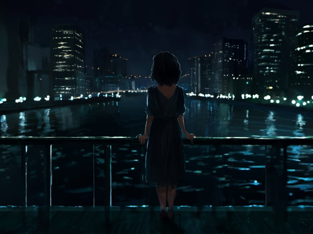 <lora:loneliness_xl_v2:0.8>,a person standing on a balcony looking at the city at night with lights reflecting off the water and a bridge,1girl,solo,short_hair,black_hair,dress,standing,outdoors,sky,water,from_behind,night,building,scenery,reflection,city,railing,facing_away,cityscape,dark,bridge,city_lights,balcony,