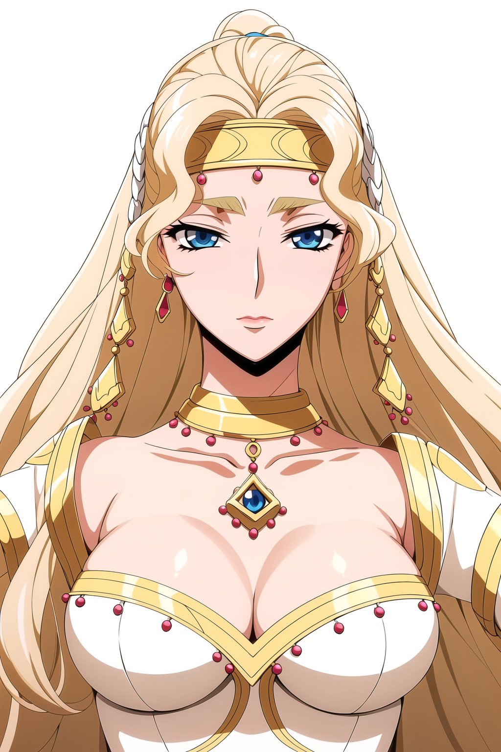 Simple White Background,yellow outfit,<lora:Chamna_Code_Geass-KK77-V1:0.7>,jewelry,midriff,gem,holding_staff, circlet,earrings,necklace,blonde hair,Black_eyes,Very_long_hair,(a red heart in the center of the eye,),<lora:Oda_Non_Style-KK77-V2:0.3>,<lora:more_details:0.1>,1 girl, 20yo,Young female,Beautiful Finger,Beautiful long legs,Beautiful body,Beautiful Nose,Beautiful character design, perfect eyes, perfect face,expressive eyes,perfect balance,looking at viewer,(Focus on her face),closed mouth, (innocent_big_eyes:1.0),(Light_Smile:0.3),official art,extremely detailed CG unity 8k wallpaper, perfect lighting,Colorful, Bright_Front_face_Lighting,White skin,(masterpiece:1.0),(best_quality:1.0), ultra high res,4K,ultra-detailed,photography, 8K, HDR, highres, absurdres:1.2, Kodak portra 400, film grain, blurry background, bokeh:1.2, lens flare, (vibrant_color:1.2),professional photograph,(Beautiful,large_Breasts:1.4), (beautiful_face:1.5),(narrow_waist),