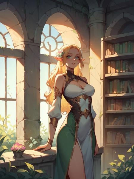 score_9, score_8_up, score_7_up, score_6_up, 1girl, elf, long hair, looking at viewer,  <lora:d3c4yXLP:0.5> d3c4y, overgrown, sunlight, indoors, bookshelf, cowboy shot, ruins, flower