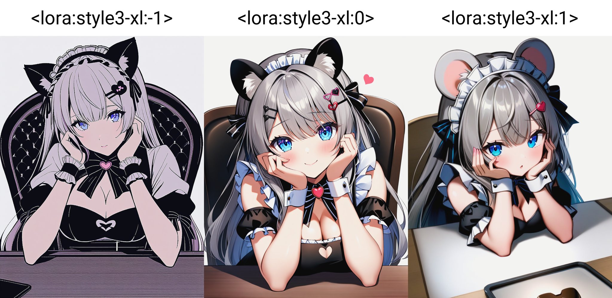 1girl,style4,animal_ear_fluff,animal_ears,blue_eyes,bow,breasts,chair,cleavage,cleavage_cutout,clothing_cutout,elbows_on_table,grey_hair,hair_bow,hair_ornament,hairclip,hairpin,hands_on_own_cheeks,hands_on_own_face,heart-shaped_ornament,large_breasts,long_hair,looking_at_viewer,maid,maid_headdress,mouse_ears,multiple_hairpins,sitting,solo,table,upper_body,virtual_youtuber,white_background,wrist_cuffs,<lora:style3-xl:-1>,