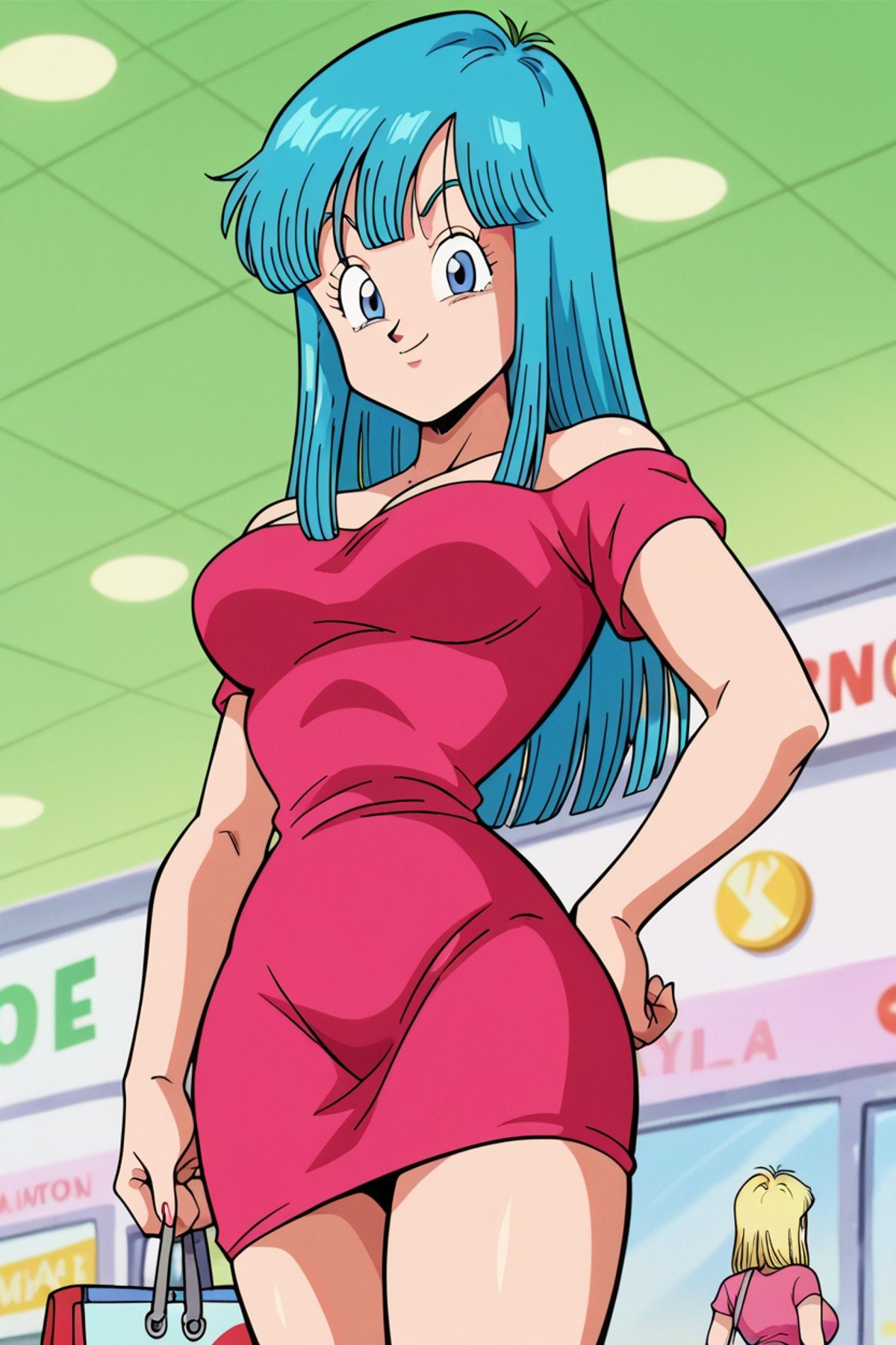 score_9, score_8_up, score_7_up, score_6_up, score_5_up,score_4_up BREAK retro artstyle,  maron, 1girl,solo, cowboy shot, aqua hair, blue eyes, bangs, long hair,pink short dress, off shoulder, short sleeves, mall, shopping center,indoors,ceiling light,contrapposto,looking at viewer,hand on own hip,holding shopping bag,smug, from below <lora:MaronPony:1>