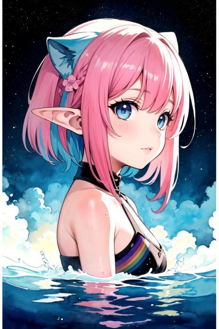 (masterpiece, top quality, best quality,watercolor (medium),official art, beautiful and aesthetic:1.2),(1girl:1.3), (fractal art:1.3),upper body, from side, looking at viewer,patterns,(rainbow color Hair,colorful hair,half blue and half pink hair:1.2),(elf ears:1.2),water,liquid, cloud,colorful, starry,stars,