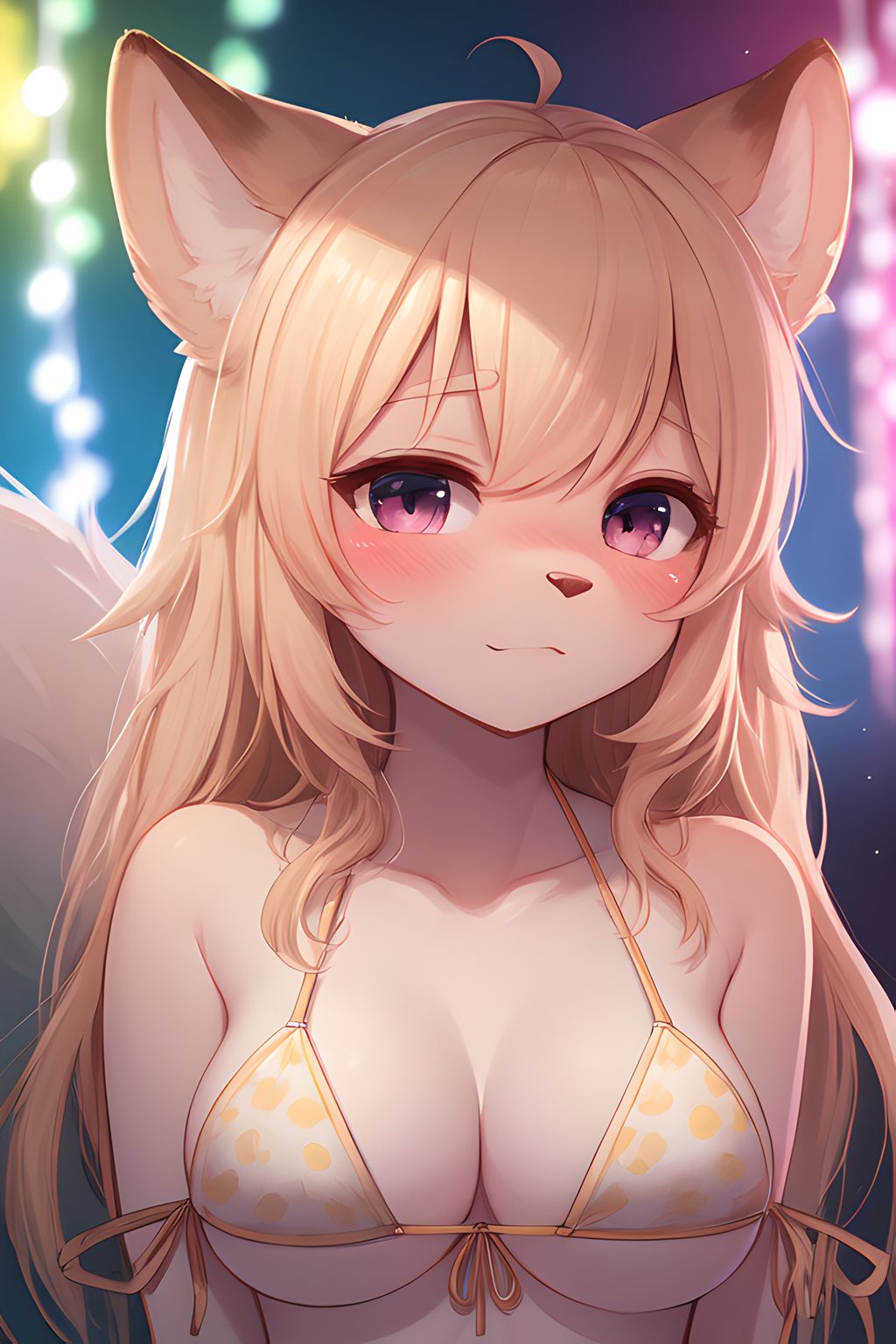 (furry:1.2), focus on face, bikini, blush, beautiful lights and shadows