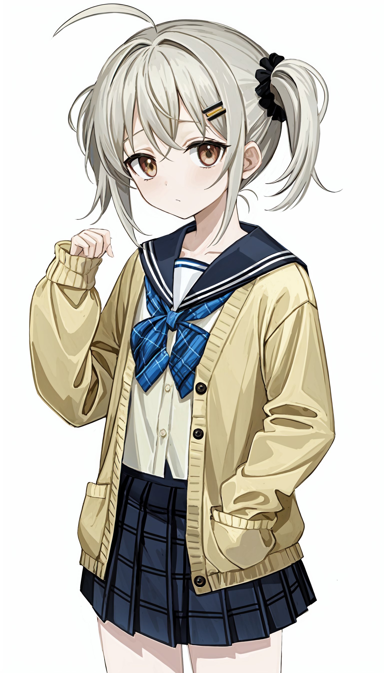 solo, 1girl, hair ornament, skirt, twintails, hairclip, brown eyes, puffy sleeves, sleeves past wrists, black scrunchie, puffy long sleeves, grey skirt, pleated skirt, blush, closed mouth, sailor collar, white background, long sleeves, white hair, bow, cardigan, hand up, bangs, plaid, black cardigan, school uniform, looking at viewer, ahoge, scrunchie, white bow, simple background, serafuku, plaid skirt